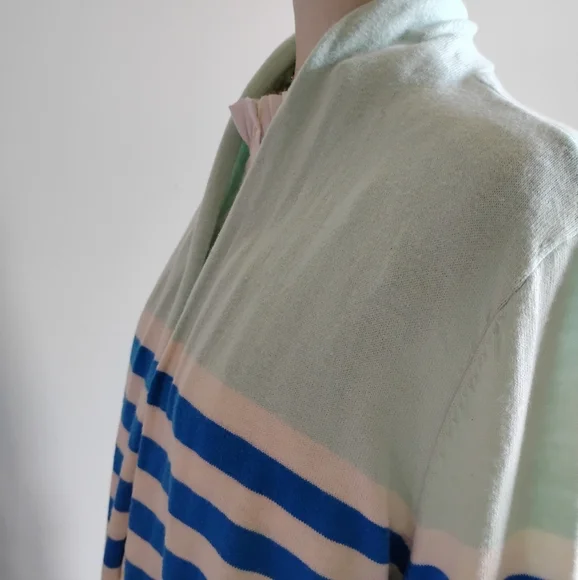 Talbots Cotton Cashmere Open Cardigan Stripe Blue Aqua Classic Size Large - Picture 8 of 15